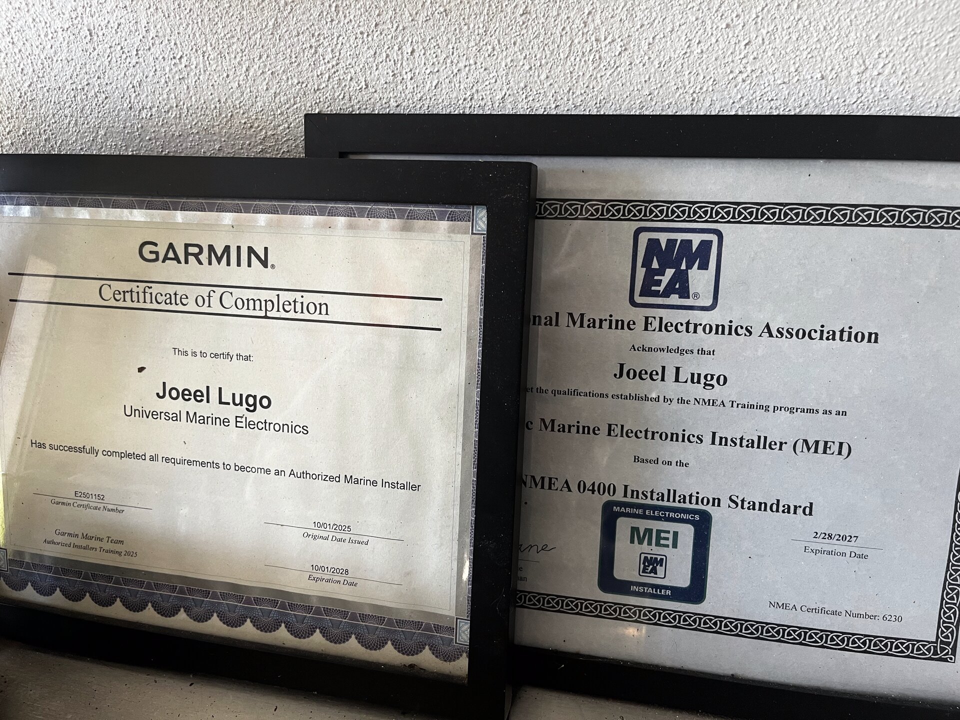 Garmin Authorized Installer and NMEA Marine Electronics Installer certifications for Universal Marine Electronics