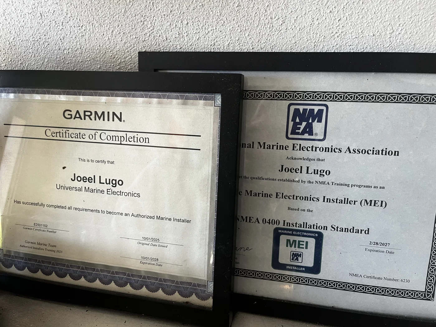 Garmin certificate of completion and NMEA Marine Electronics Installer certificate